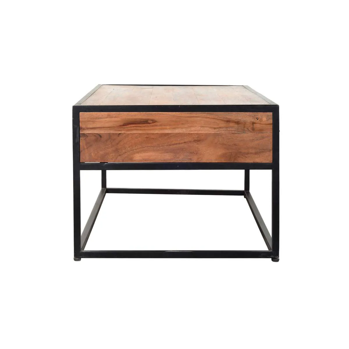 2 Drawer Industrial Metal Coffee Table With Wooden Tile Top, Brown And Black By Benzara