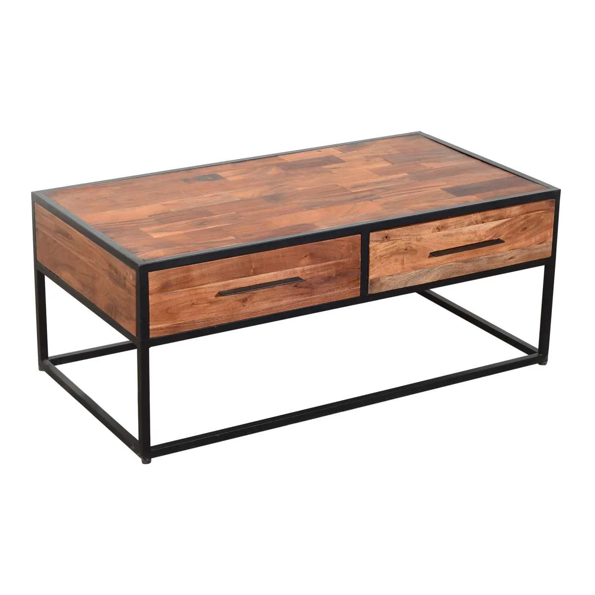 2 Drawer Industrial Metal Coffee Table With Wooden Tile Top, Brown And Black By Benzara