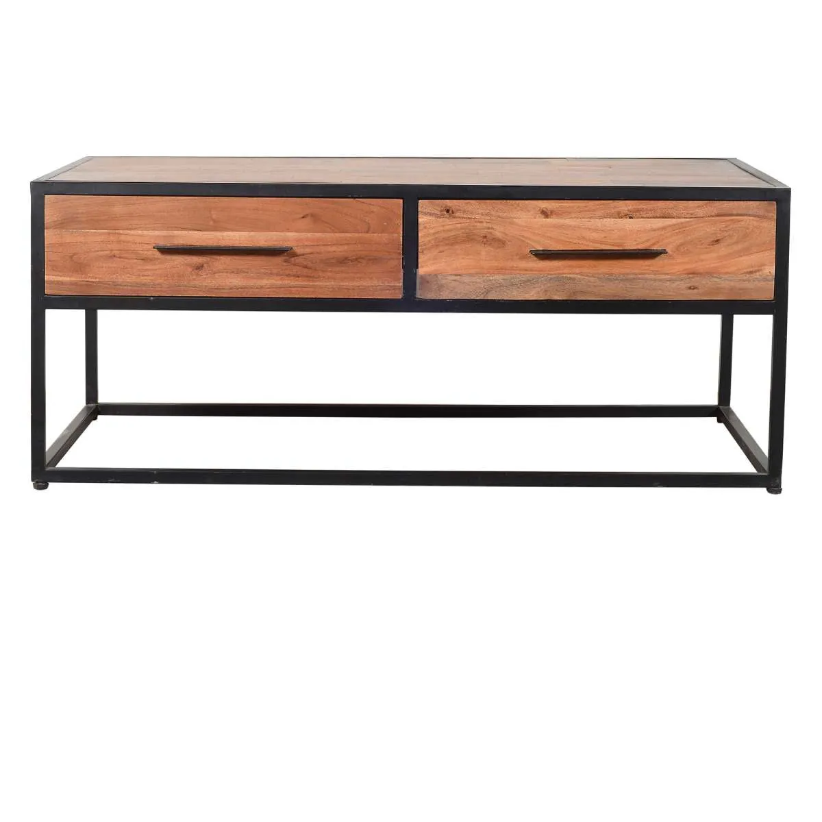 2 Drawer Industrial Metal Coffee Table With Wooden Tile Top, Brown And Black By Benzara