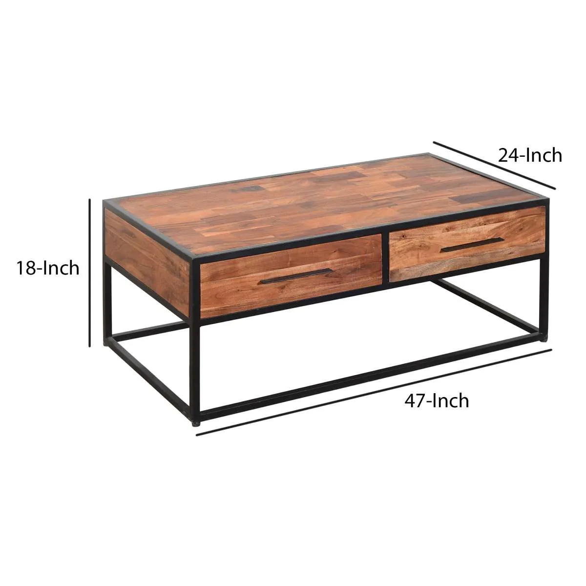 2 Drawer Industrial Metal Coffee Table With Wooden Tile Top, Brown And Black By Benzara