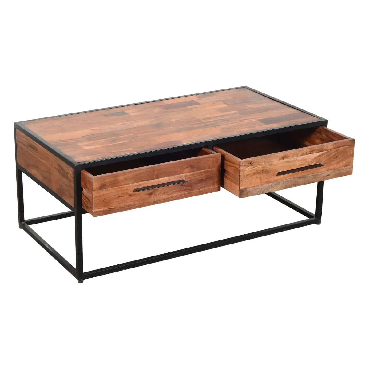2 Drawer Industrial Metal Coffee Table With Wooden Tile Top, Brown And Black By Benzara
