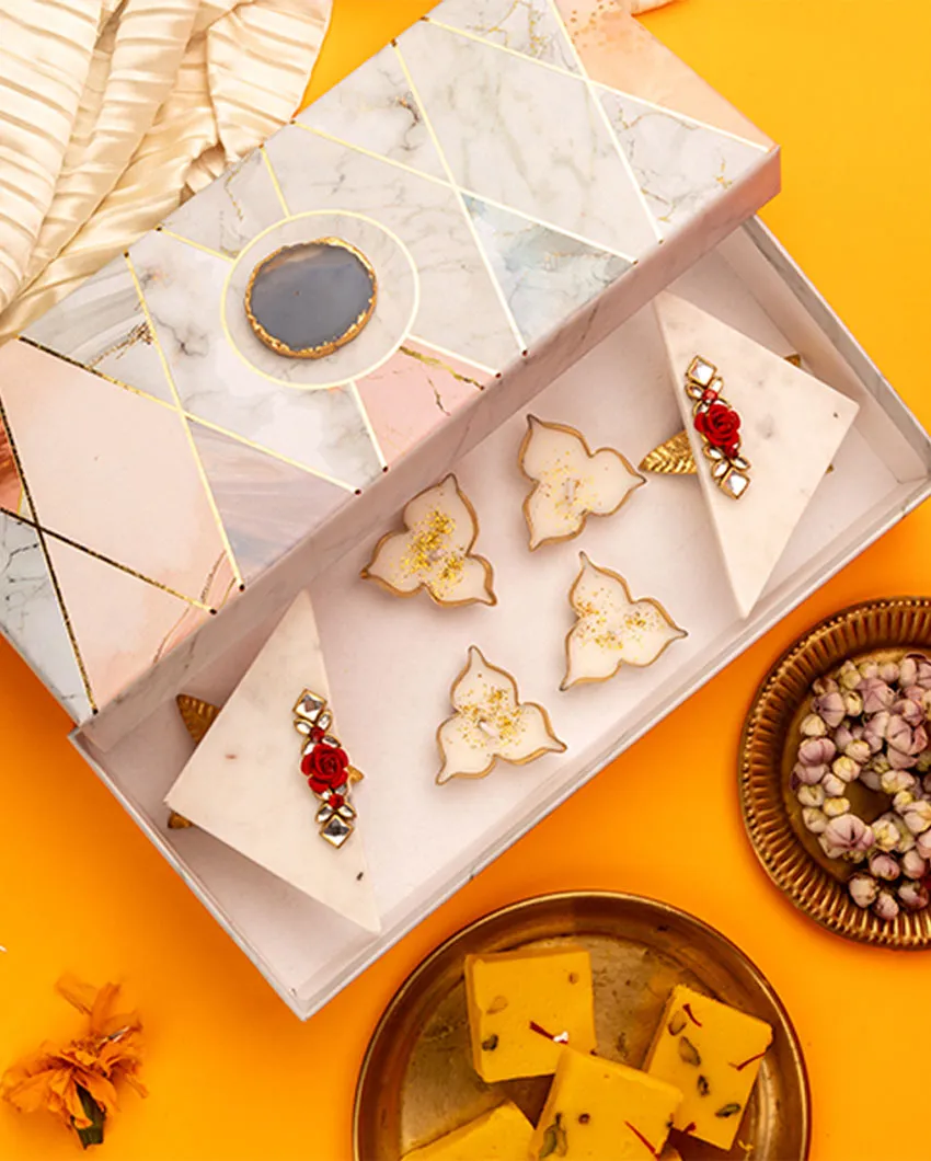 2 Triangular Marble Pooja Chowki with 4 Metal Tealights Set