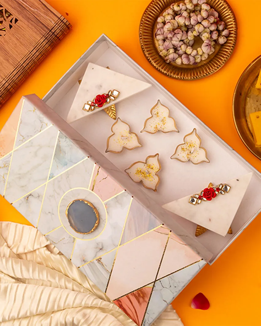2 Triangular Marble Pooja Chowki with 4 Metal Tealights Set