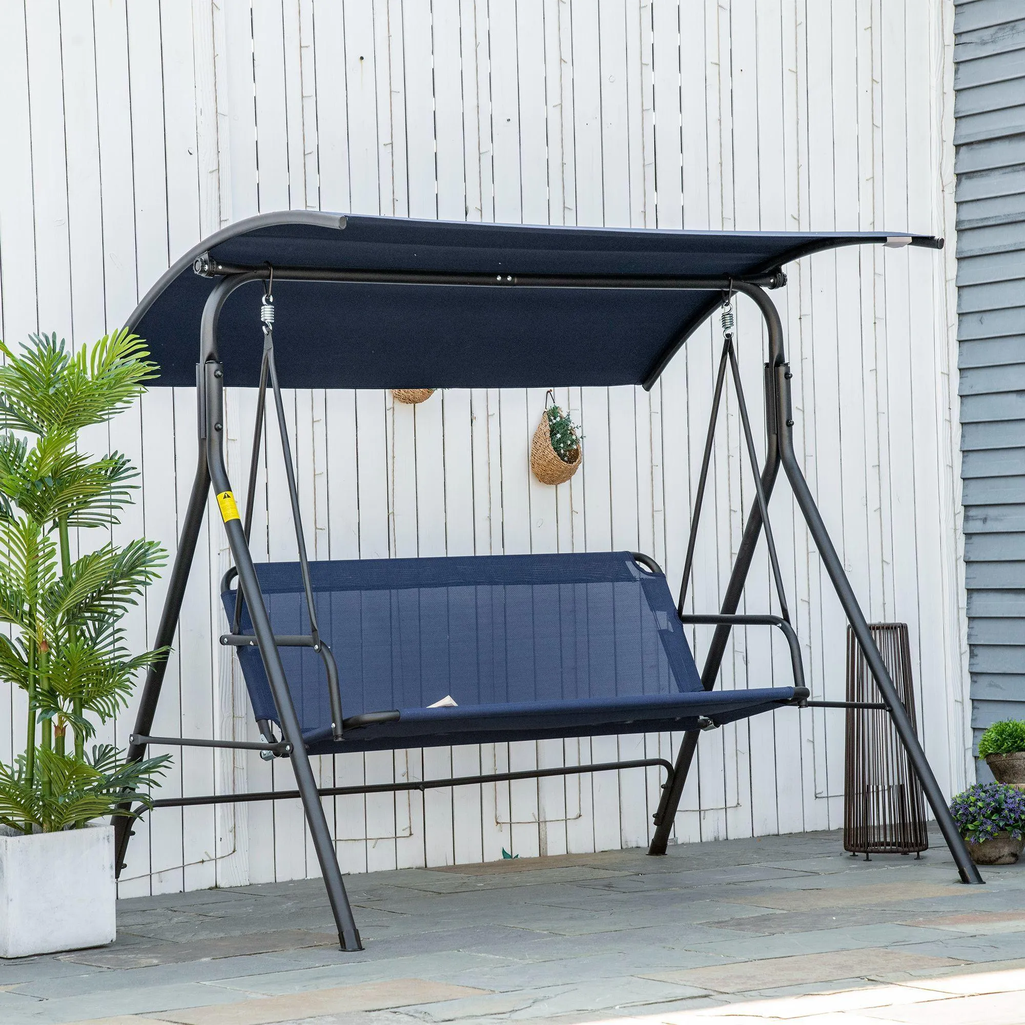 3-Person Porch Swing Bench with Adjustable Canopy and Steel Frame, Dark Blue