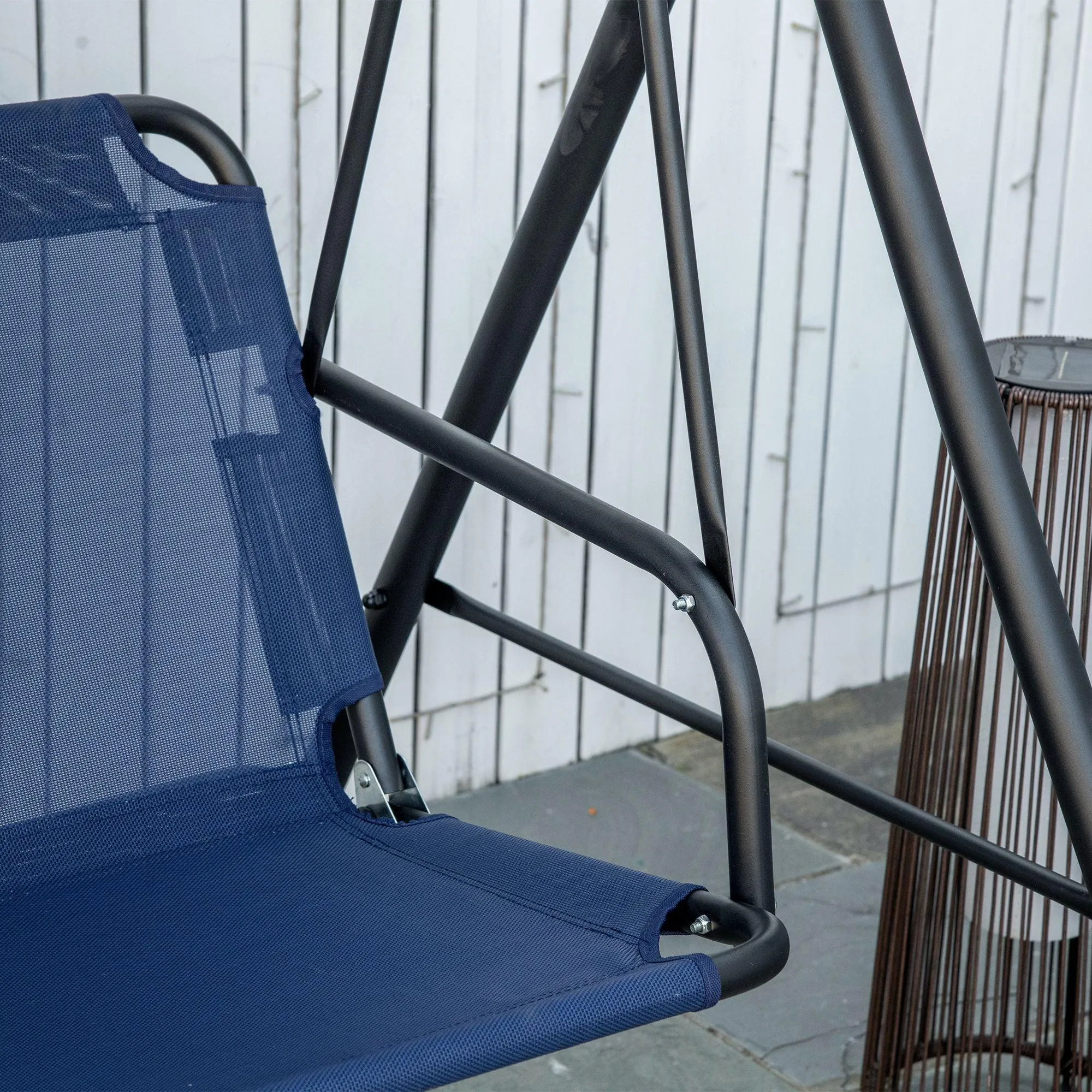 3-Person Porch Swing Bench with Adjustable Canopy and Steel Frame, Dark Blue