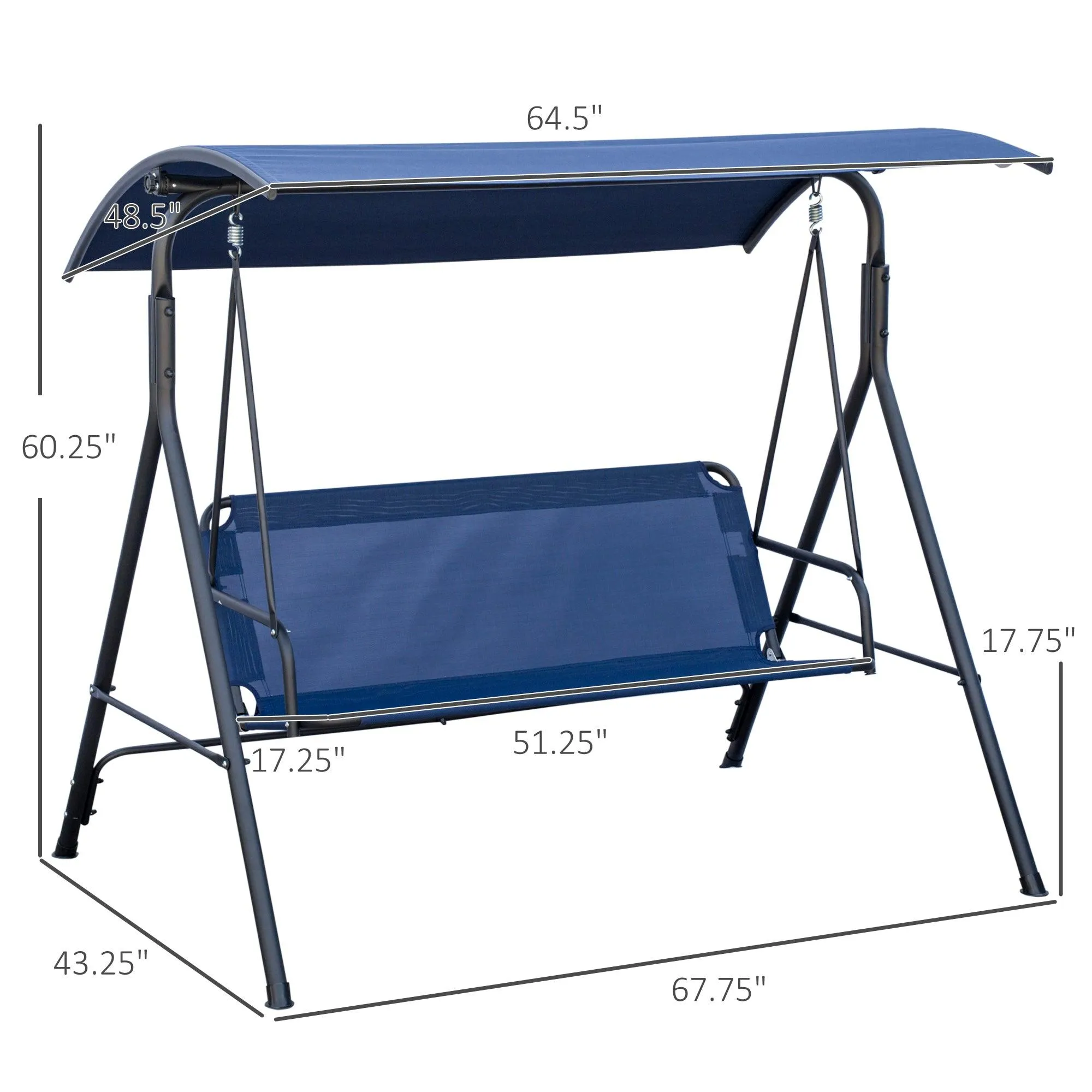 3-Person Porch Swing Bench with Adjustable Canopy and Steel Frame, Dark Blue