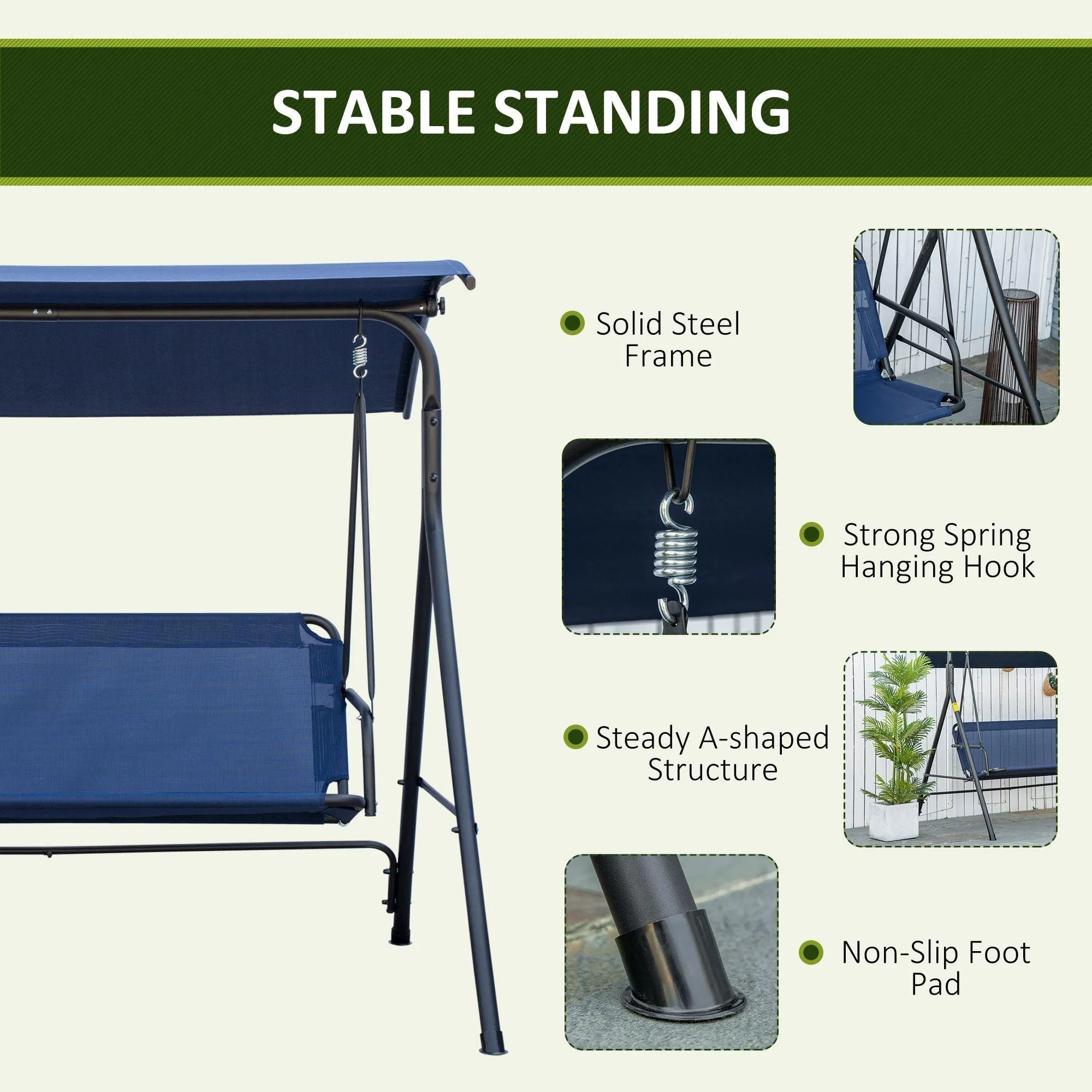 3-Person Porch Swing Bench with Adjustable Canopy and Steel Frame, Dark Blue