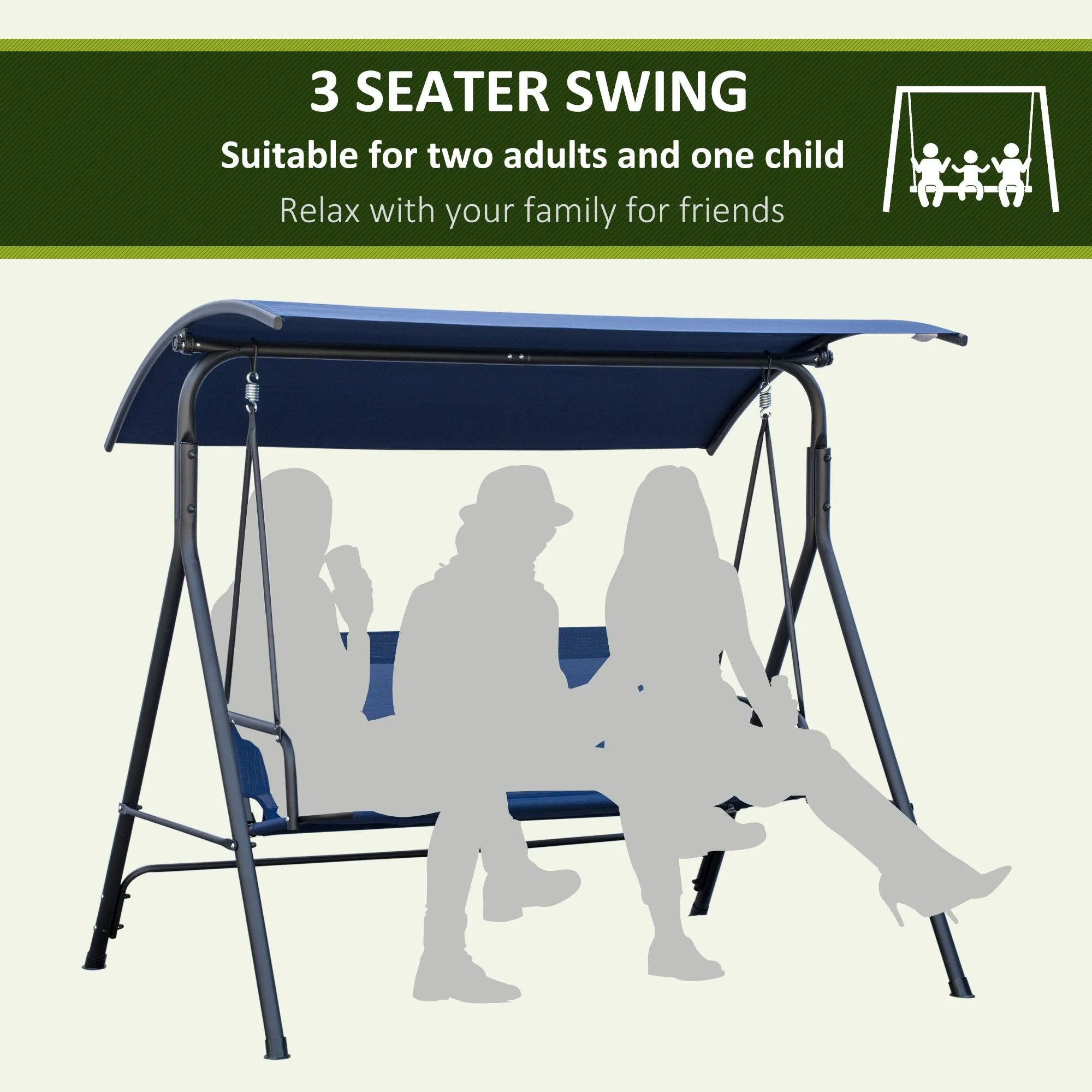 3-Person Porch Swing Bench with Adjustable Canopy and Steel Frame, Dark Blue