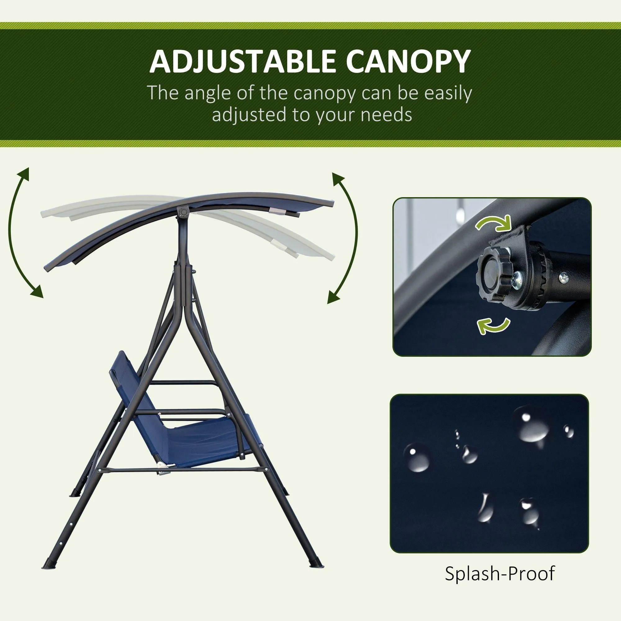3-Person Porch Swing Bench with Adjustable Canopy and Steel Frame, Dark Blue