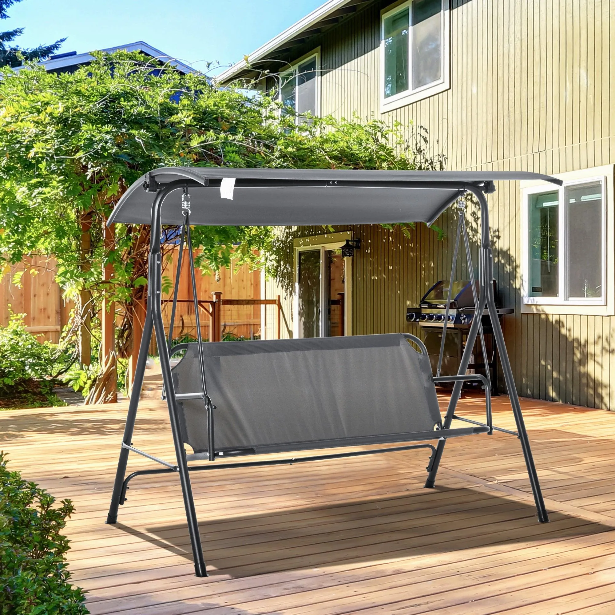 3-Person Porch Swing with Stand, Adjustable Canopy, Bench-Style Seat, Steel Frame, Gray