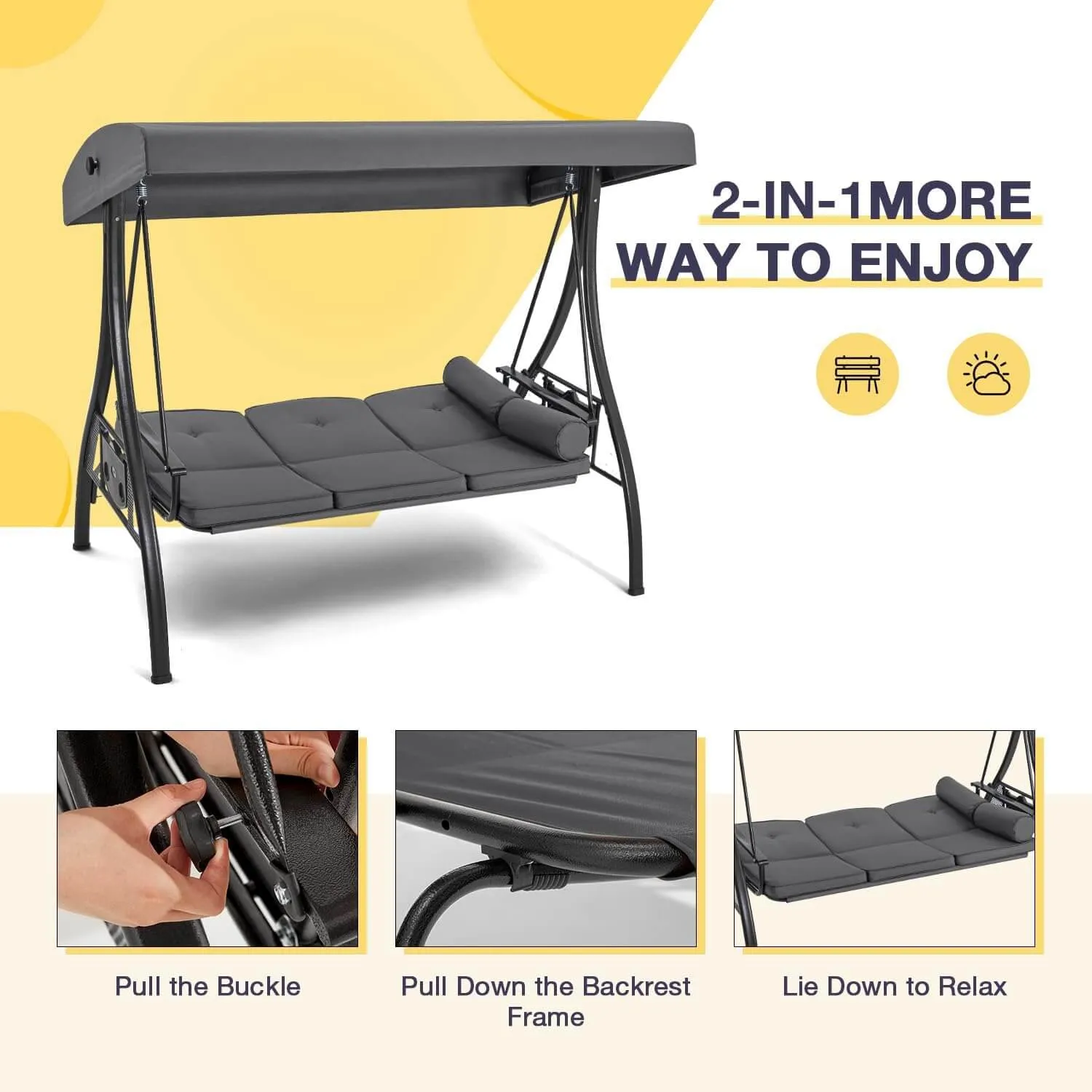 3-Seat Outdoor Porch Swing with Adjustable Canopy and Backrest, Gray