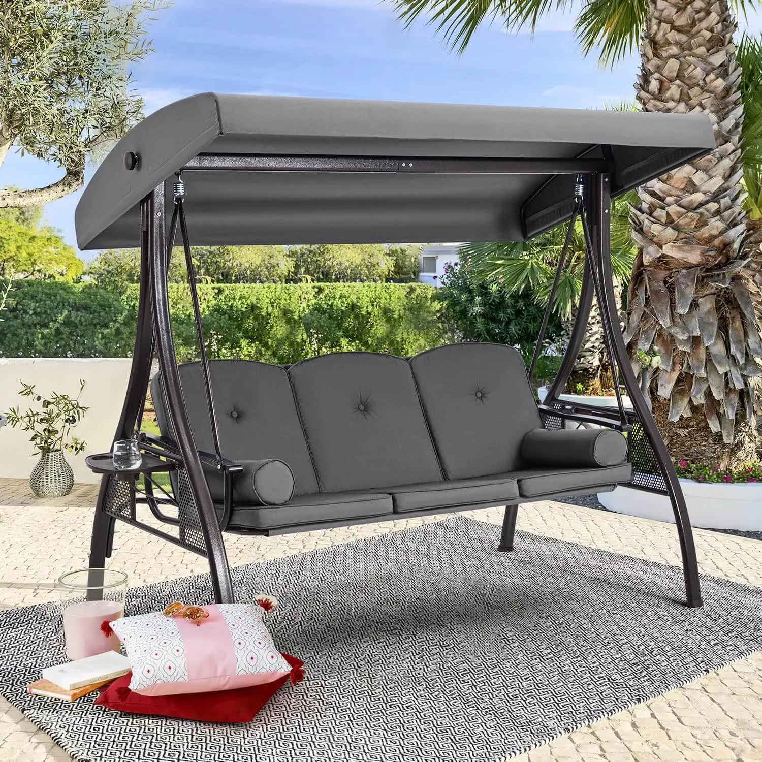 3-Seat Outdoor Porch Swing with Adjustable Canopy and Backrest, Gray