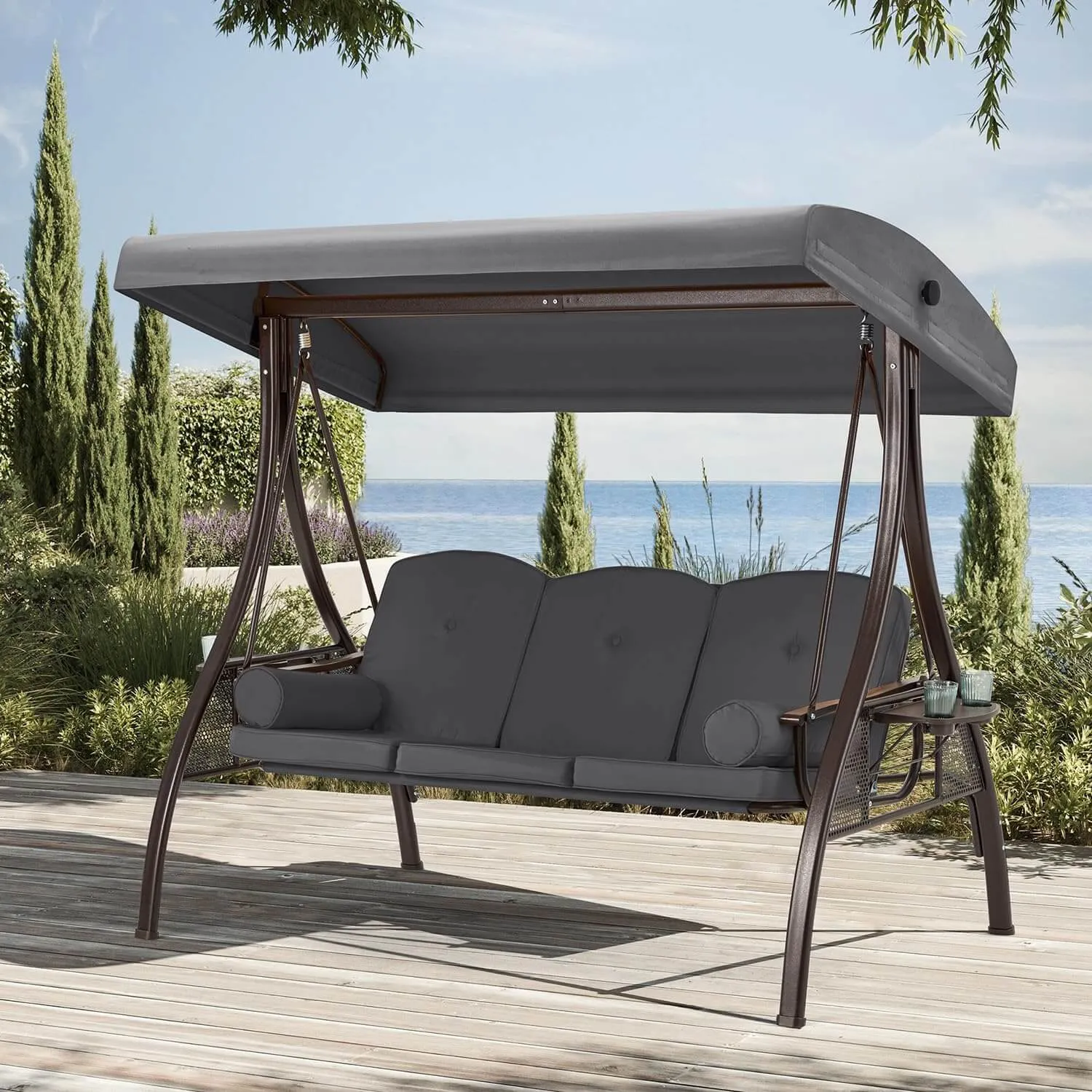 3-Seat Outdoor Porch Swing with Adjustable Canopy and Backrest, Gray