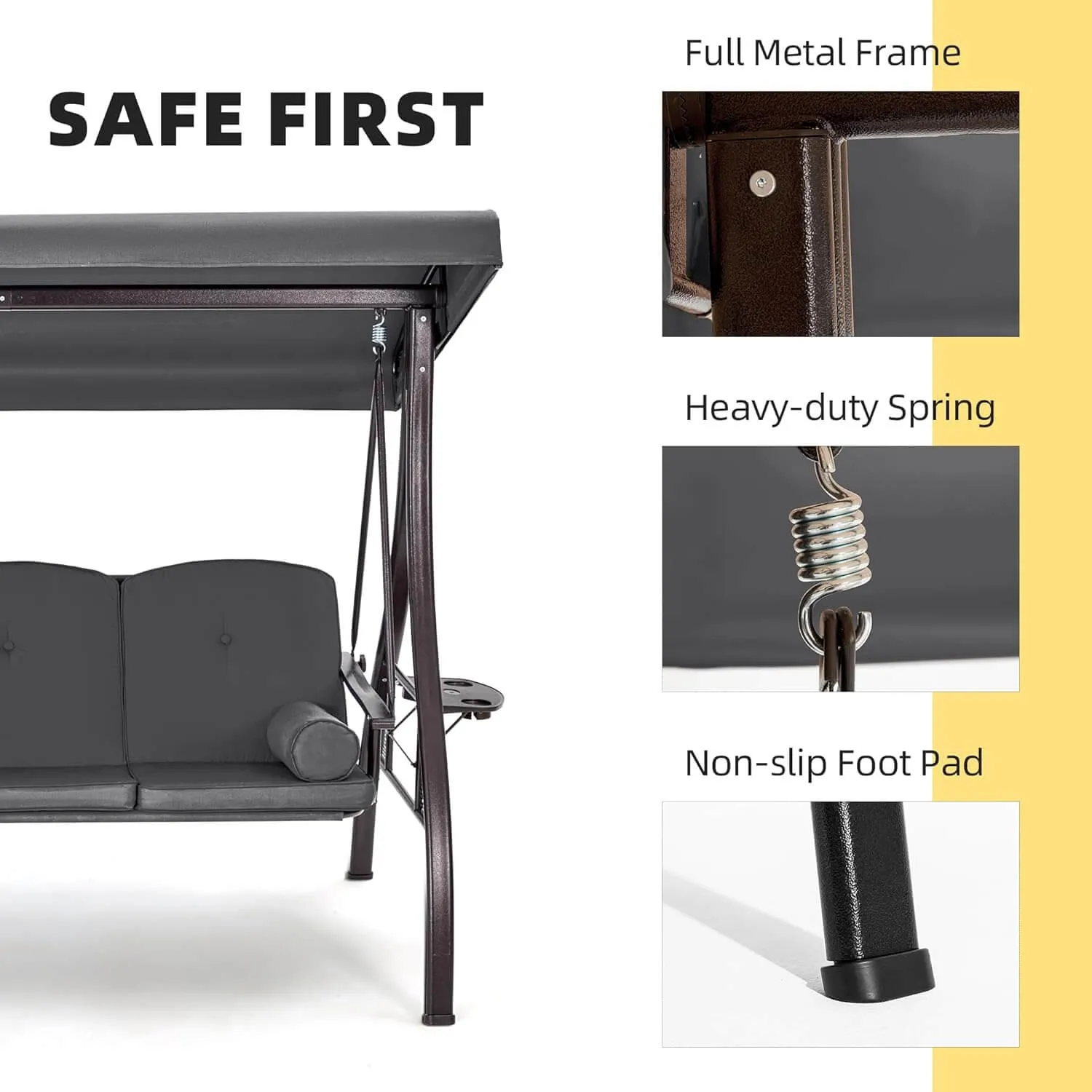 3-Seat Outdoor Porch Swing with Adjustable Canopy and Backrest, Gray