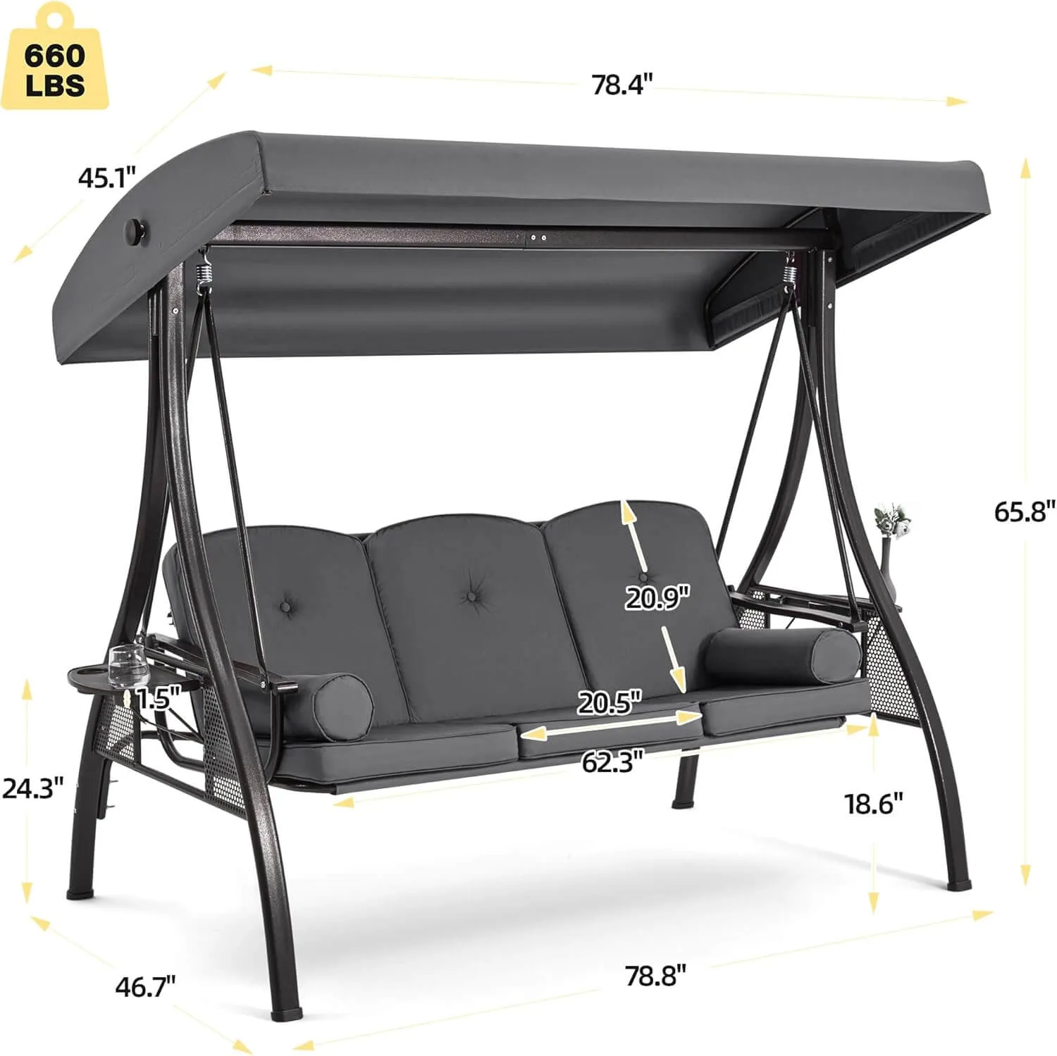 3-Seat Outdoor Porch Swing with Adjustable Canopy and Backrest, Gray