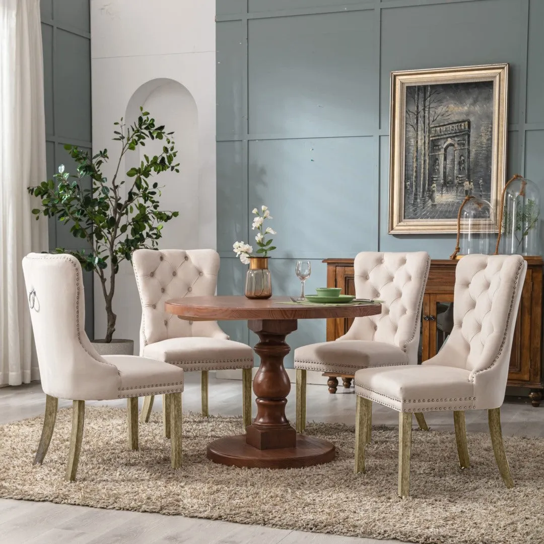 4x Velvet Dining Chairs | Upholstered Tufted Kitchen Chair | Solid Wood Legs | Stud Trim & Ring | Beige