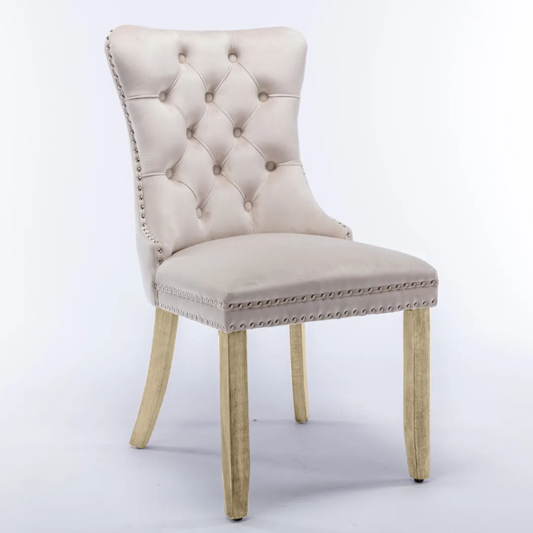4x Velvet Dining Chairs | Upholstered Tufted Kitchen Chair | Solid Wood Legs | Stud Trim & Ring | Beige