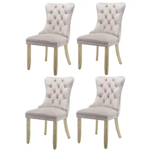 4x Velvet Dining Chairs | Upholstered Tufted Kitchen Chair | Solid Wood Legs | Stud Trim & Ring | Beige