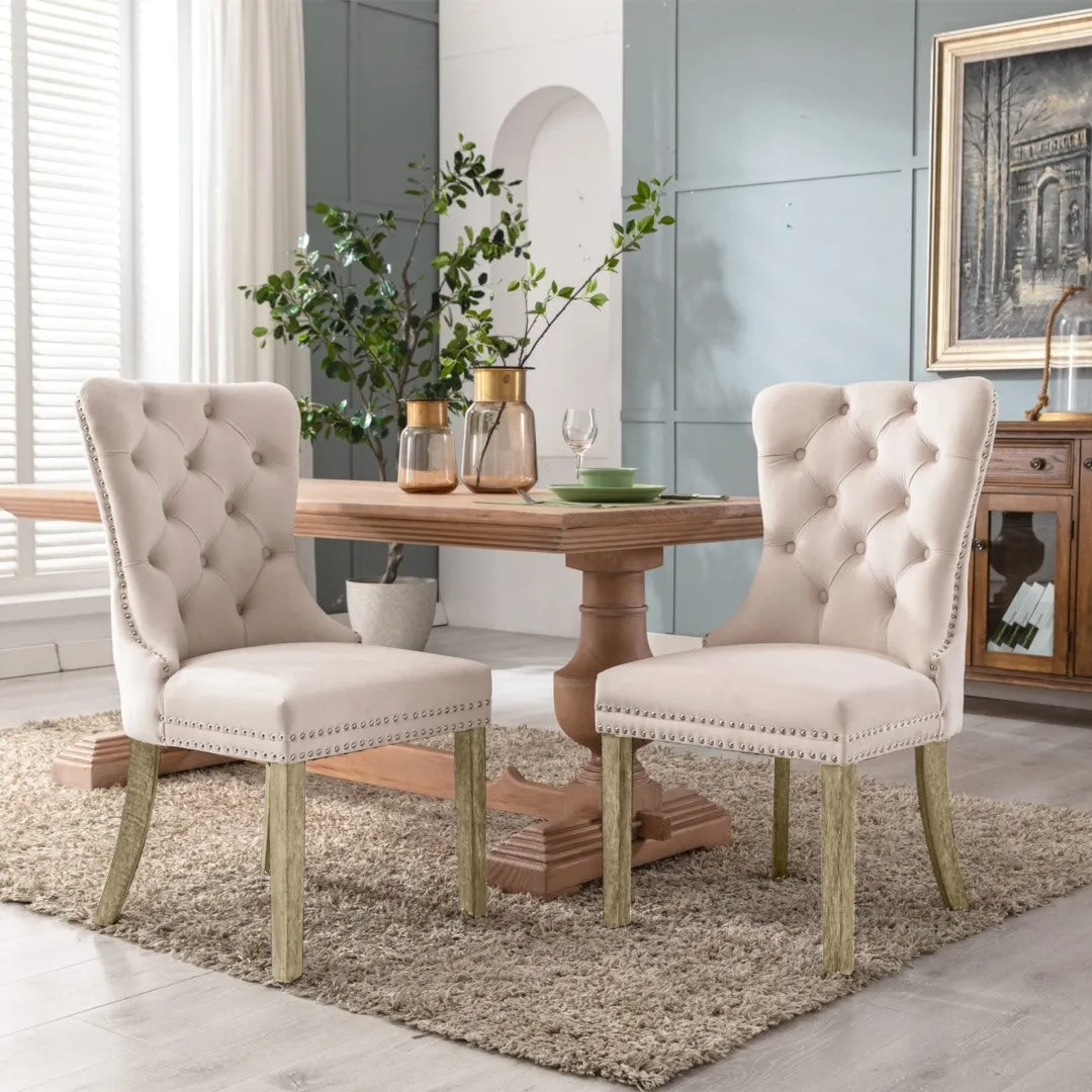 4x Velvet Dining Chairs | Upholstered Tufted Kitchen Chair | Solid Wood Legs | Stud Trim & Ring | Beige
