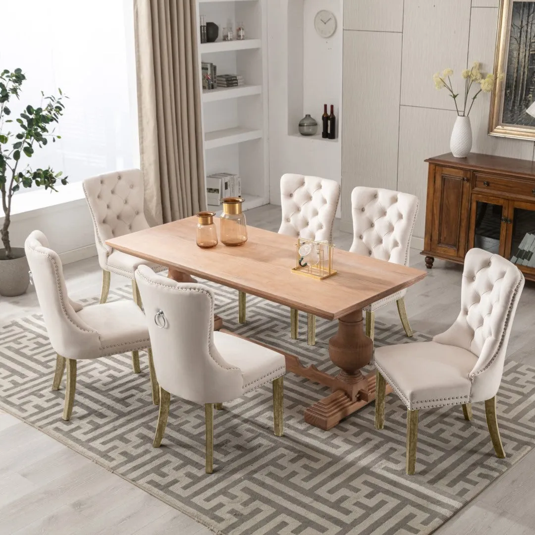 4x Velvet Dining Chairs | Upholstered Tufted Kitchen Chair | Solid Wood Legs | Stud Trim & Ring | Beige