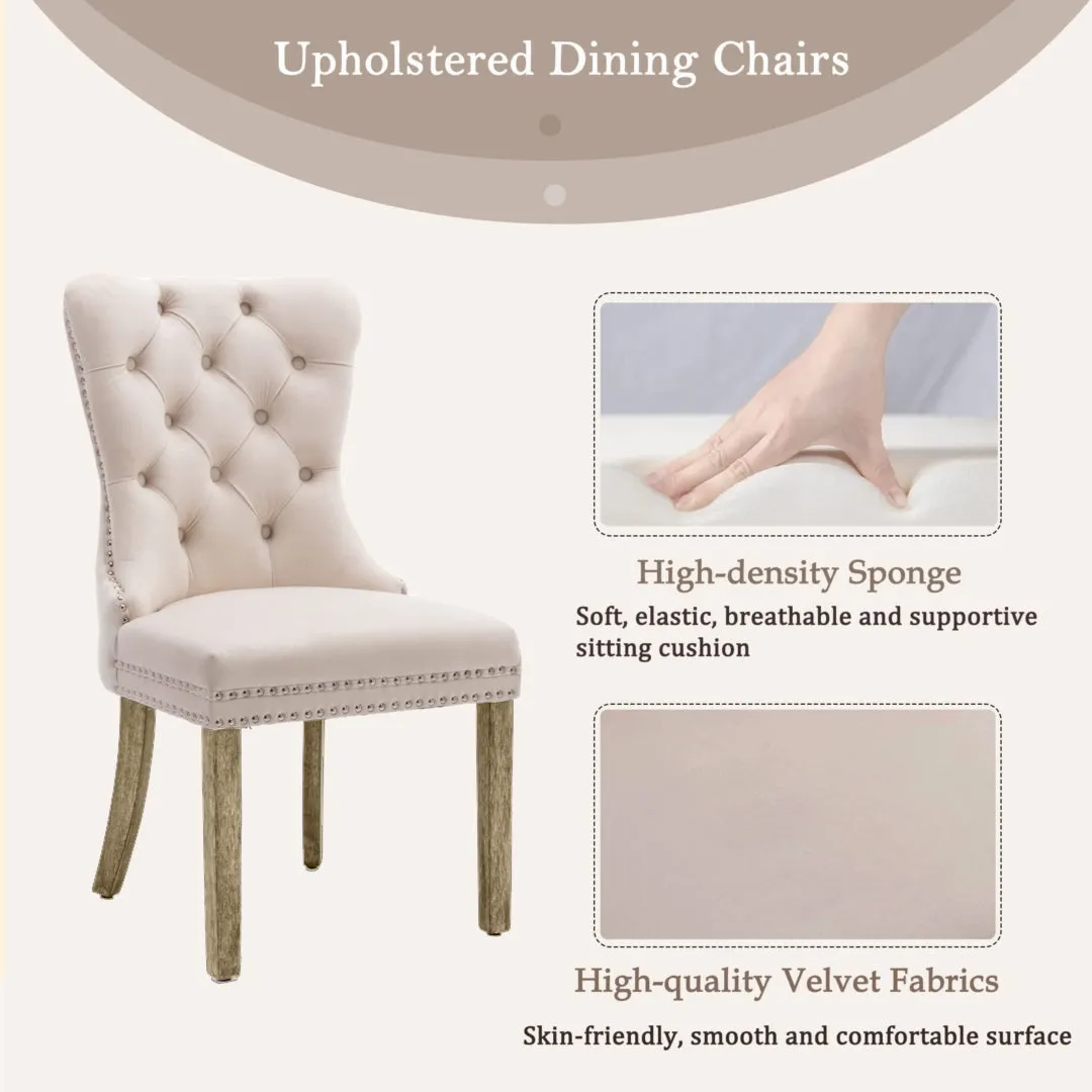 4x Velvet Dining Chairs | Upholstered Tufted Kitchen Chair | Solid Wood Legs | Stud Trim & Ring | Beige
