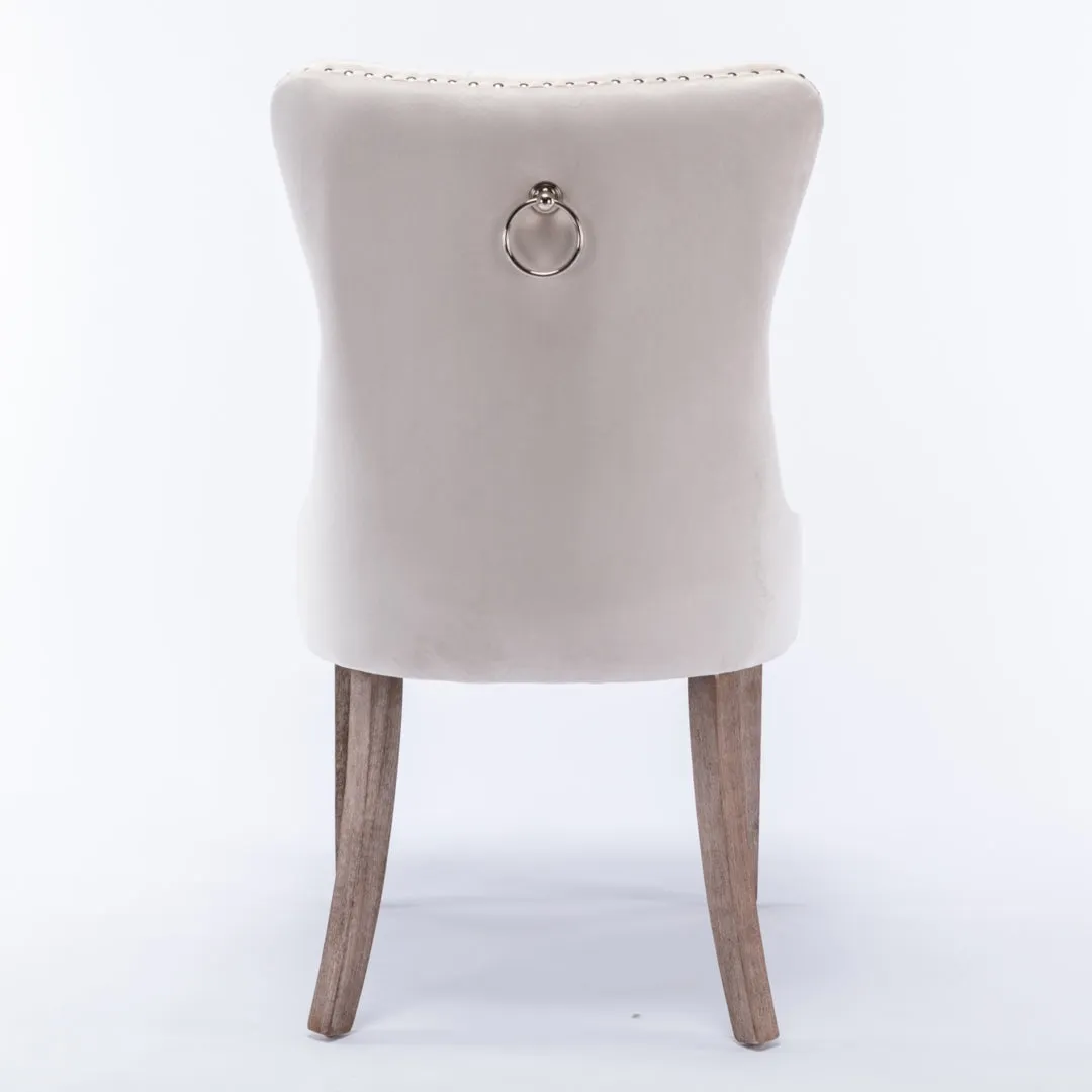 4x Velvet Dining Chairs | Upholstered Tufted Kitchen Chair | Solid Wood Legs | Stud Trim & Ring | Beige
