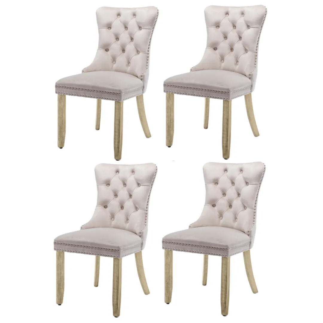 4x Velvet Dining Chairs | Upholstered Tufted Kitchen Chair | Solid Wood Legs | Stud Trim & Ring | Beige
