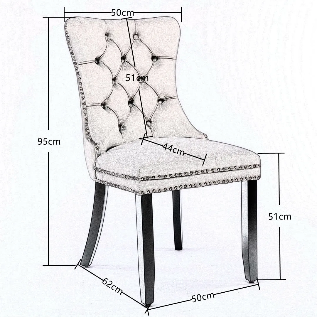 4x Velvet Dining Chairs | Upholstered Tufted Kitchen Chair | Solid Wood Legs | Stud Trim & Ring | Beige
