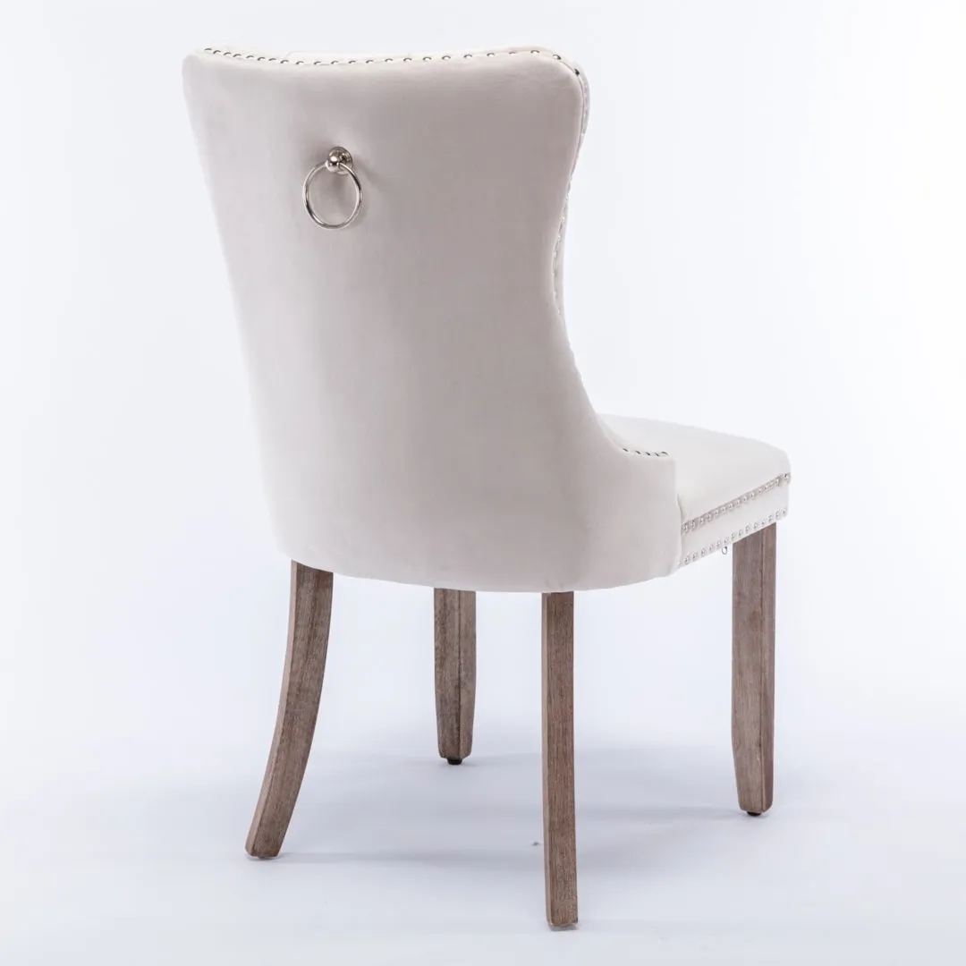 4x Velvet Dining Chairs | Upholstered Tufted Kitchen Chair | Solid Wood Legs | Stud Trim & Ring | Beige