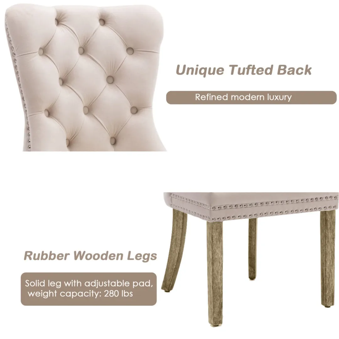 4x Velvet Dining Chairs | Upholstered Tufted Kitchen Chair | Solid Wood Legs | Stud Trim & Ring | Beige