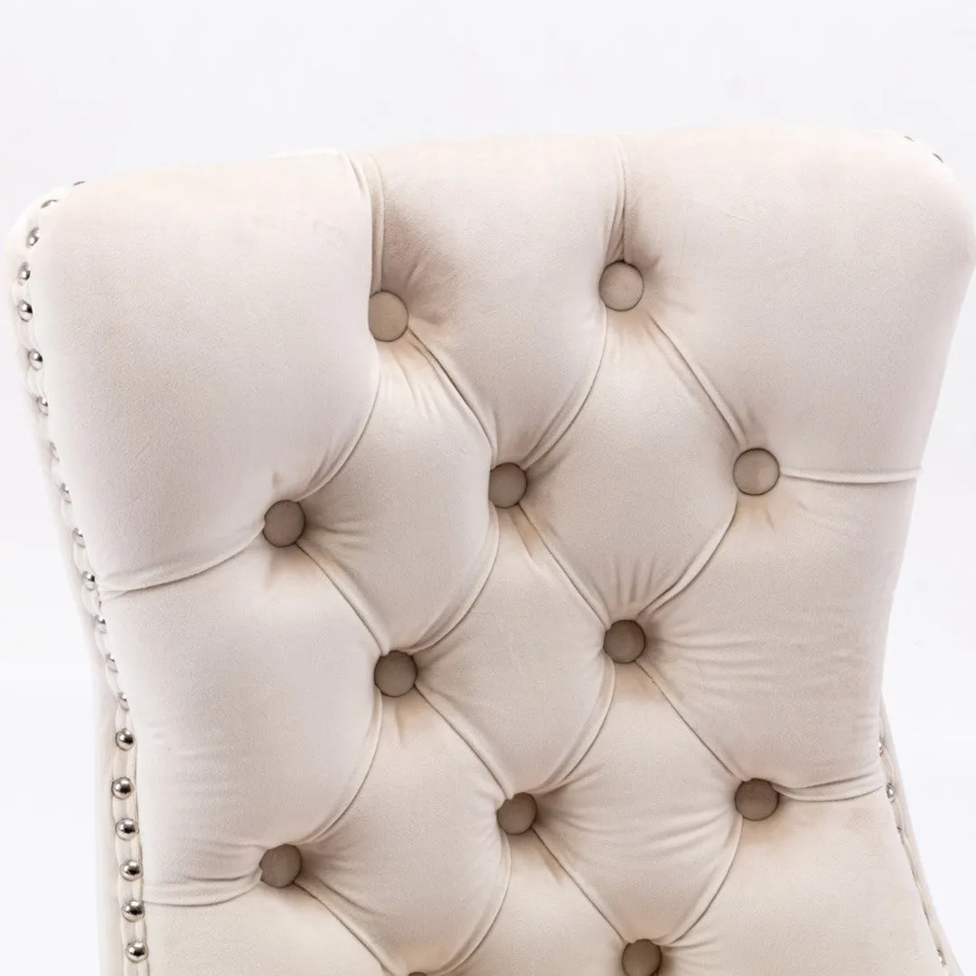 4x Velvet Dining Chairs | Upholstered Tufted Kitchen Chair | Solid Wood Legs | Stud Trim & Ring | Beige