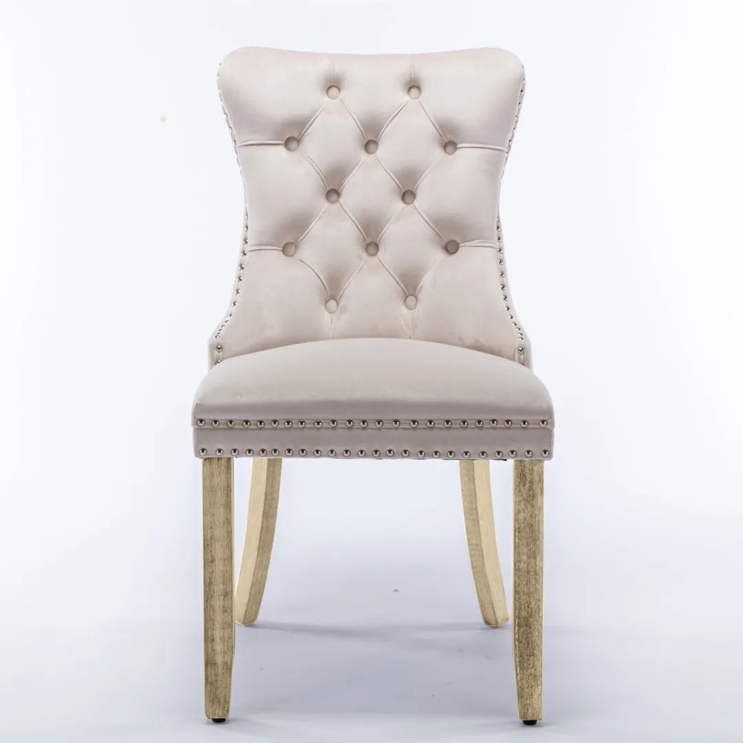 4x Velvet Dining Chairs | Upholstered Tufted Kitchen Chair | Solid Wood Legs | Stud Trim & Ring | Beige