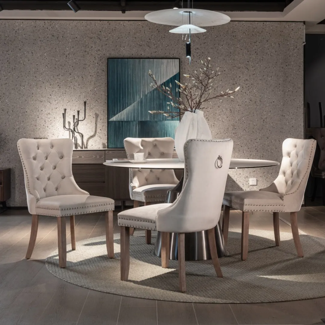 4x Velvet Dining Chairs | Upholstered Tufted Kitchen Chair | Solid Wood Legs | Stud Trim & Ring | Beige