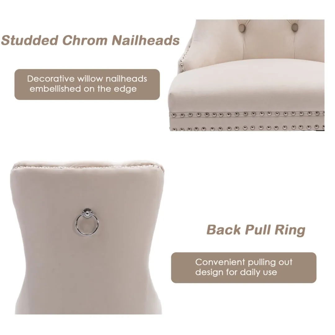 4x Velvet Dining Chairs | Upholstered Tufted Kitchen Chair | Solid Wood Legs | Stud Trim & Ring | Beige