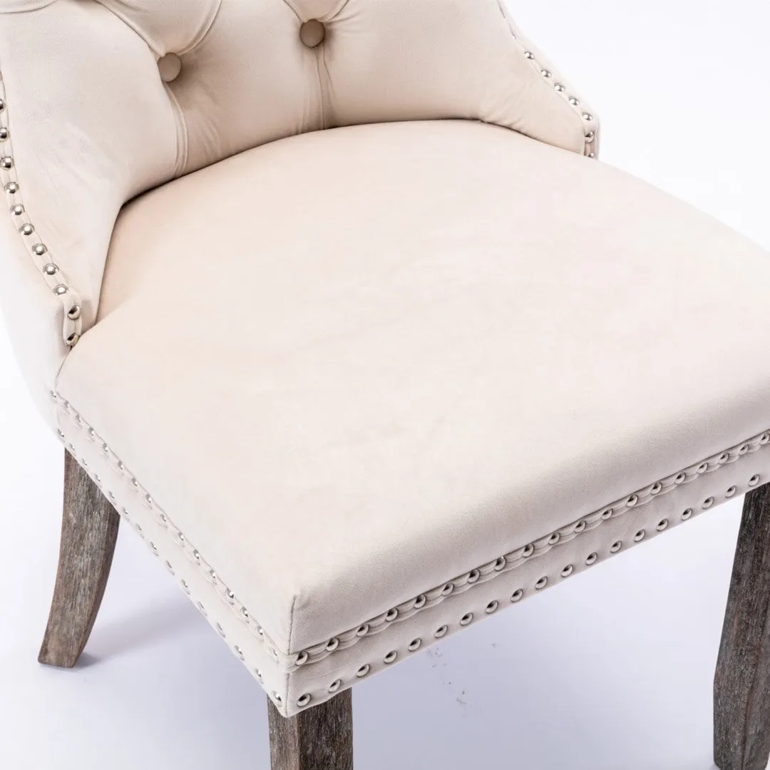 4x Velvet Dining Chairs | Upholstered Tufted Kitchen Chair | Solid Wood Legs | Stud Trim & Ring | Beige