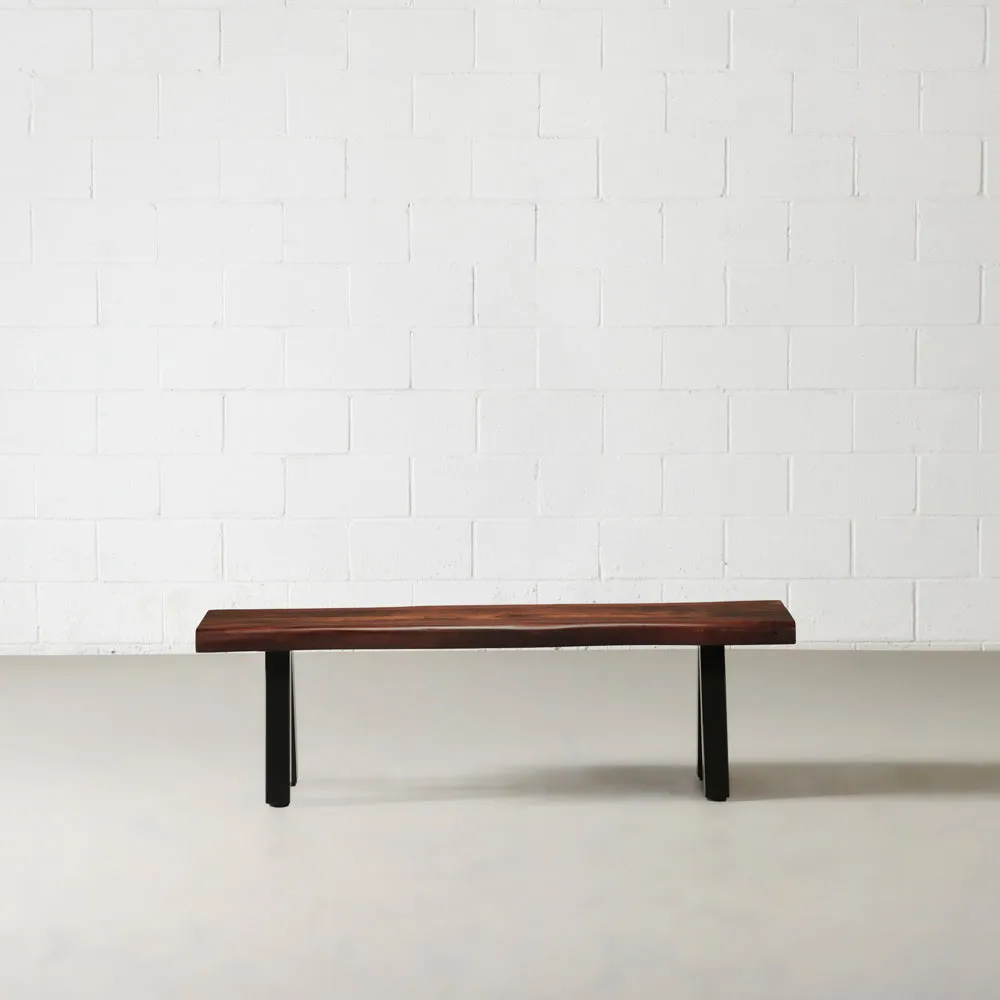 Acacia Live Edge Bench with Black Pyramid-Shaped Legs/Honey Color