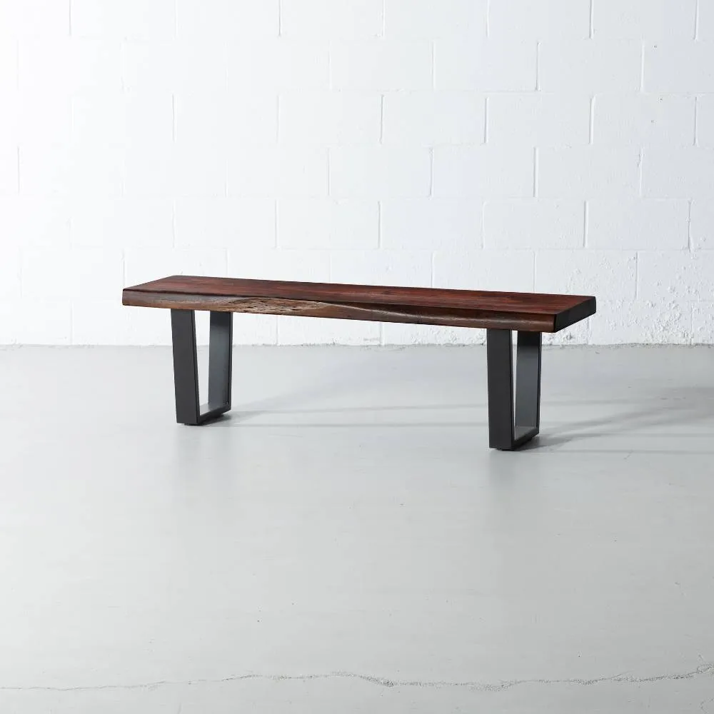 Acacia Live Edge Wood Bench with Black U-shaped Legs/Honey Walnut