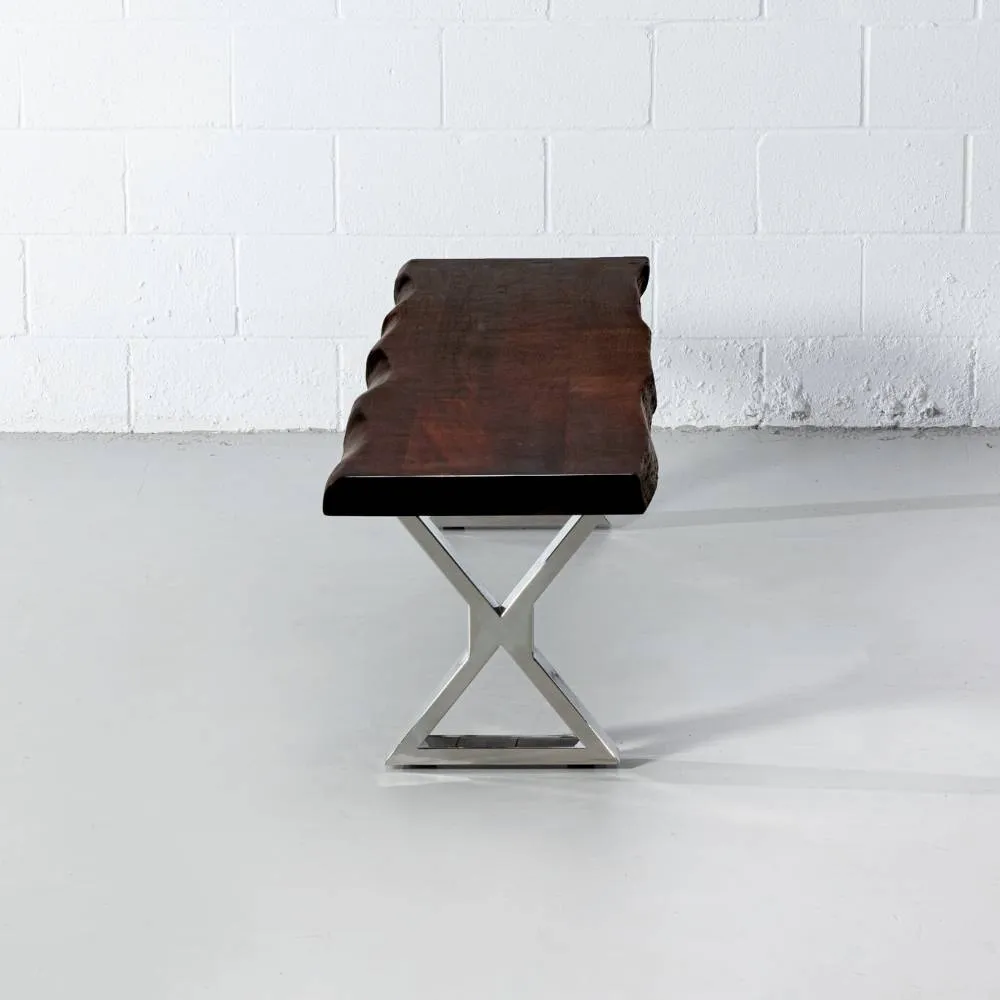 Acacia Live Edge Wood Bench with Chrome X-shaped legs/Honey Walnut