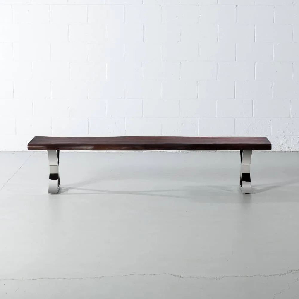 Acacia Live Edge Wood Bench with Chrome X-shaped legs/Honey Walnut