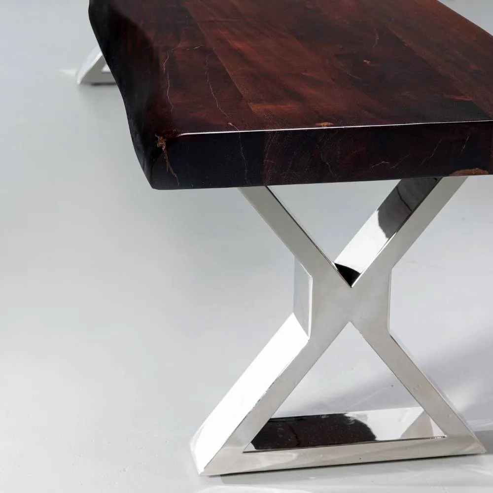 Acacia Live Edge Wood Bench with Chrome X-shaped legs/Honey Walnut