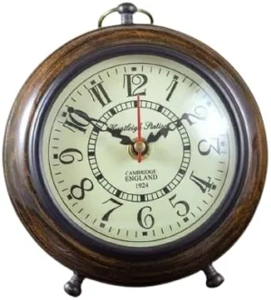 ALFAMART HT,Vintage Table Clock Wooden Handmade Nautical Roman Numeral Analog Desk Clock for Living Room and Home Decor, Brown