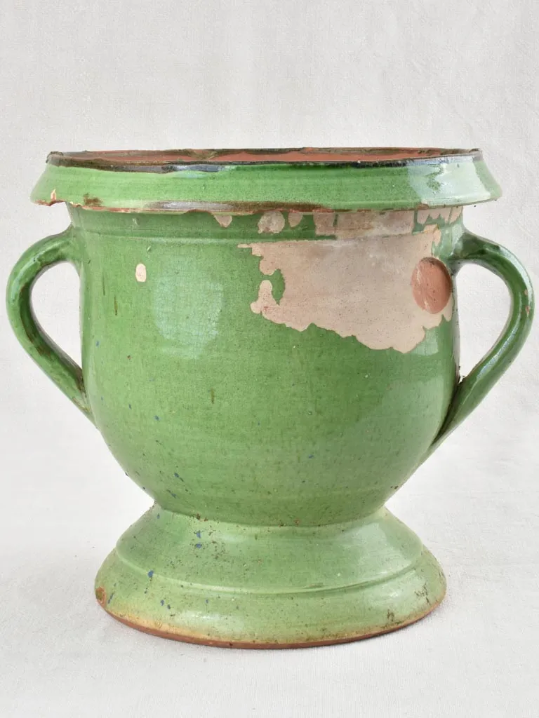 Antique Castelnaudary planter with 2 handles & green glaze 11¾"