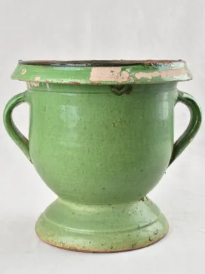Antique Castelnaudary planter with 2 handles & green glaze 11¾"