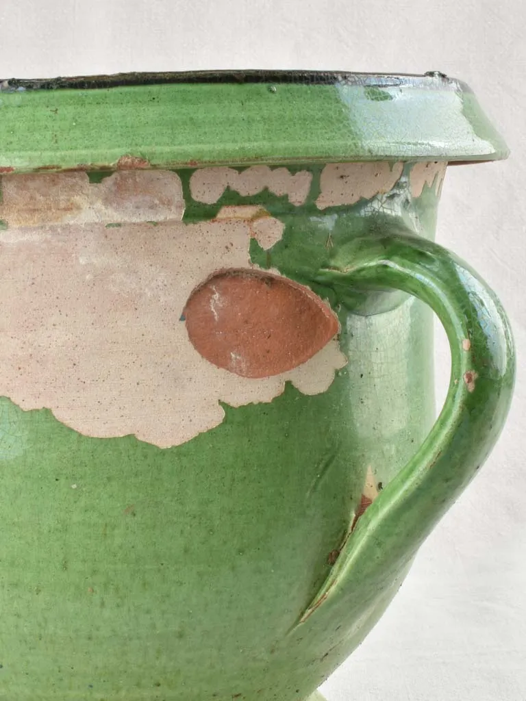 Antique Castelnaudary planter with 2 handles & green glaze 11¾"