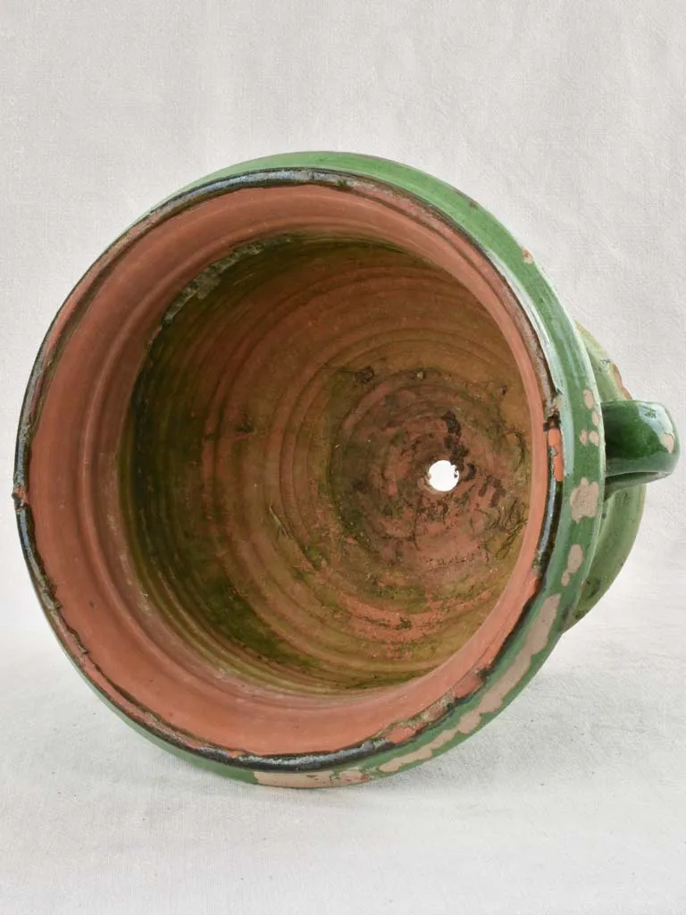 Antique Castelnaudary planter with 2 handles & green glaze 11¾"