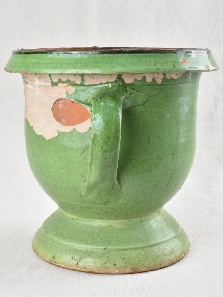 Antique Castelnaudary planter with 2 handles & green glaze 11¾"