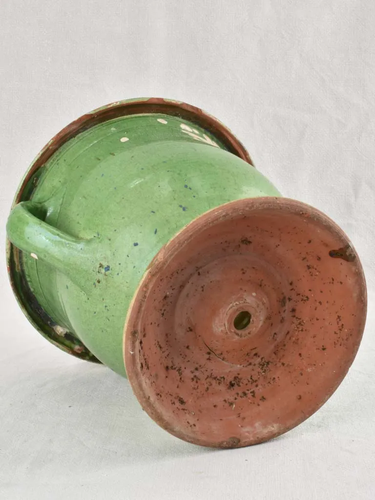 Antique Castelnaudary planter with 2 handles & green glaze 11¾"