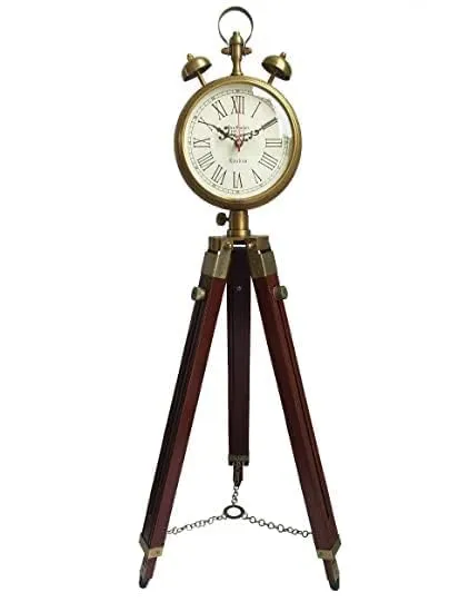 Antique Style Wooden Tripod Floor Analog Clock with Brass Accents, Roman Numerals, Bell Prop, Stand