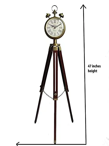 Antique Style Wooden Tripod Floor Analog Clock with Brass Accents, Roman Numerals, Bell Prop, Stand