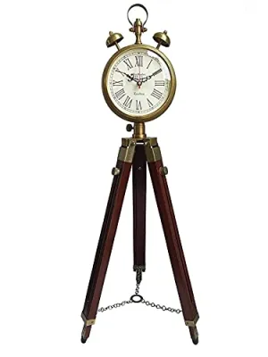 Antique Style Wooden Tripod Floor Analog Clock with Brass Accents, Roman Numerals, Bell Prop, Stand